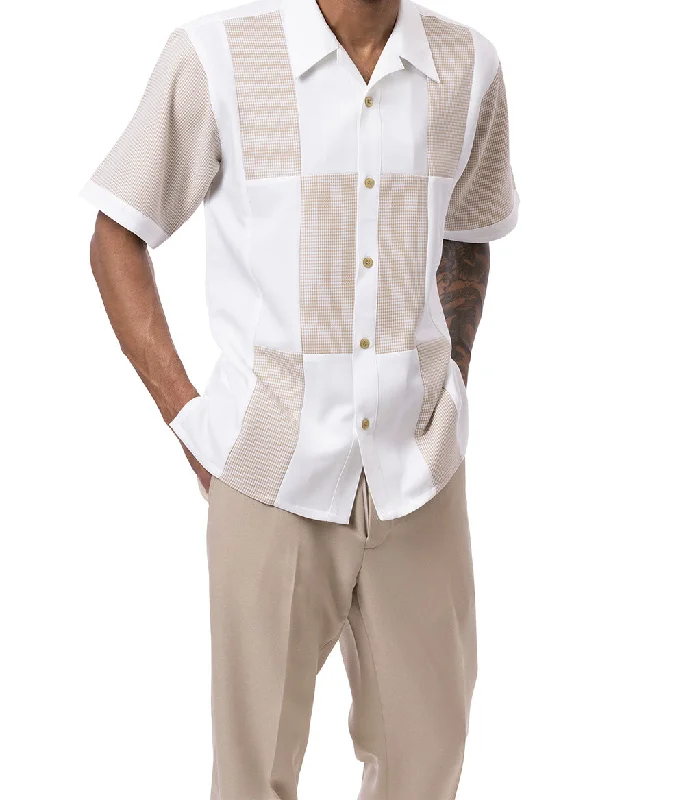 High-end Wear Khaki Color Block Walking Suit 2 Piece Short Sleeve Set