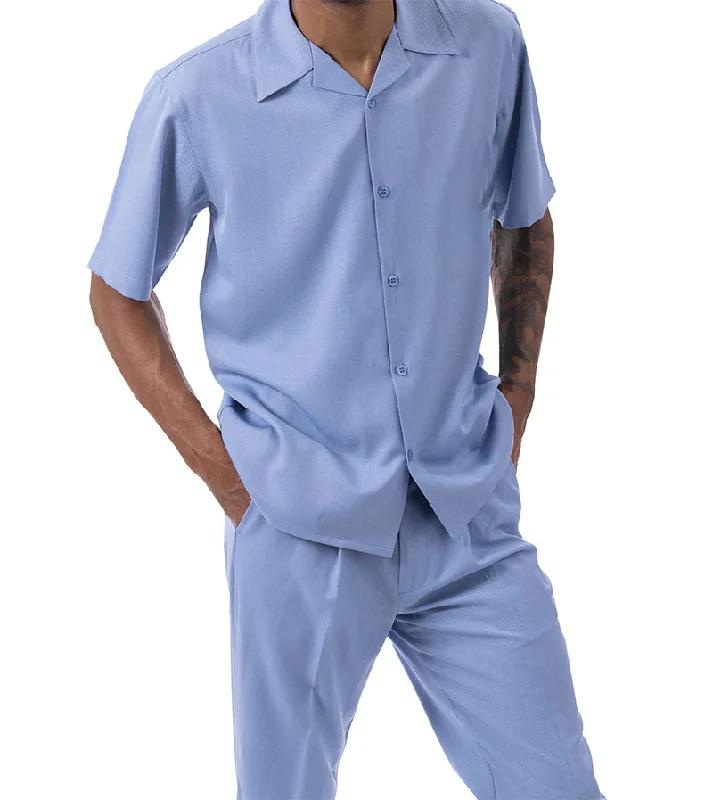 Fashionable And Fashionable Men's 2 Piece Walking Suit Summer Short Sleeves in Carolina Blue Fashionable And Fashionable Men's 2 Piece Walking Suit Summer Short Sleeves in Carolina Blue