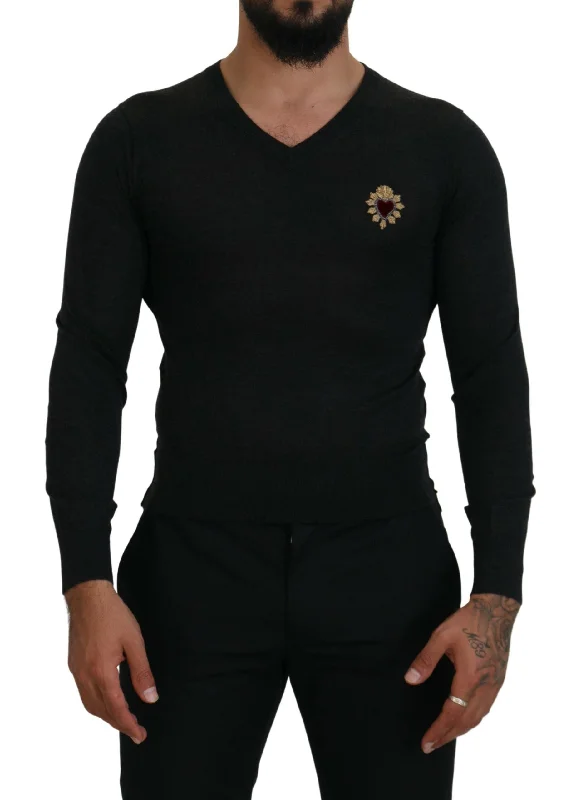 Dolce & Gabbana Gray Cashmere V-neck Gold Heart Men's Sweater