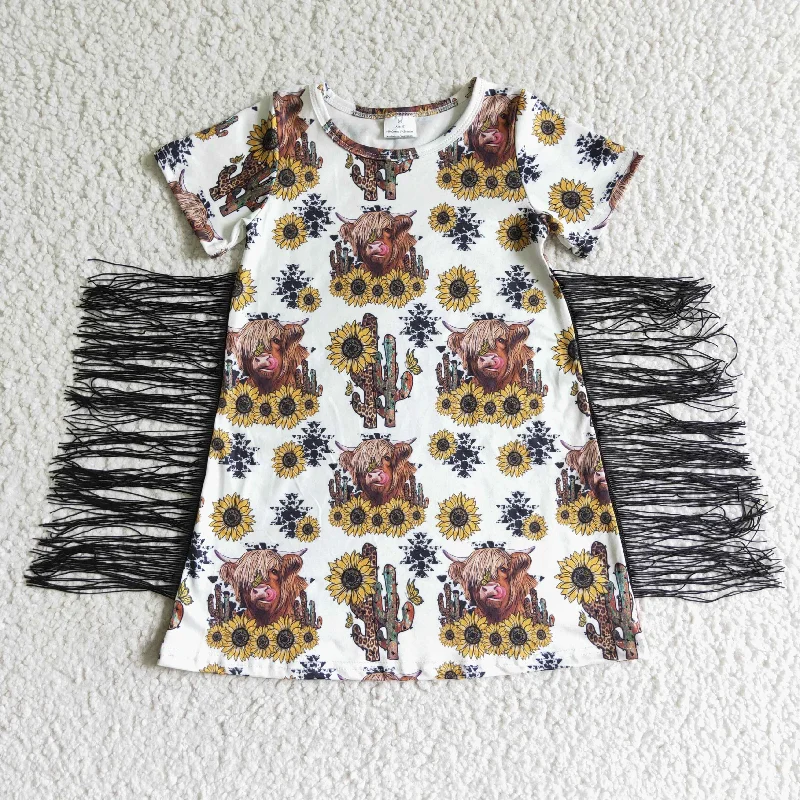 Luxury Temperament GSD0084 Highland Cows Cactus Sunflower Tassel Girls Short Sleeve Dresses Luxury Temperament GSD0084 Highland Cows Cactus Sunflower Tassel Girls Short Sleeve Dresses