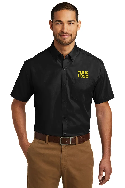 Cozy Lounge Wear Port Authority Short Sleeve Carefree Custom Poplin Shirts, Deep Black