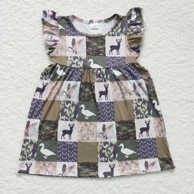Soft Clothing GSD0152 Christmas Green Plaid Deer Duck Camo  Girls Short Sleeve Dresses