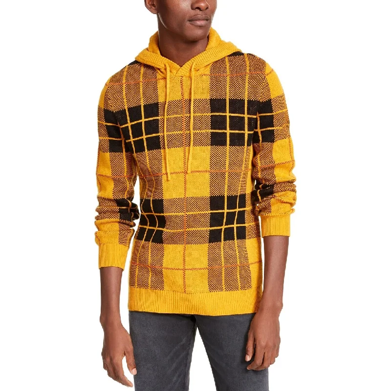 Embroidered Letters American Rag Men's Tartan Hoodie Yellow Size Large