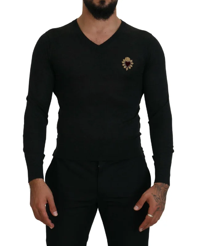 Dolce & Gabbana  Men's V-Neck Wool Sweater with Heart Pin - Black