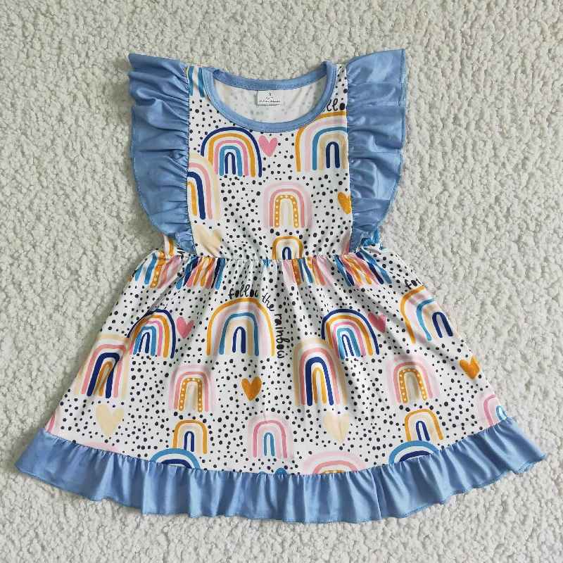 Elegant Design GSD0016 Blue Rainbow Love Heart Girls Flutter Sleeve Dresses