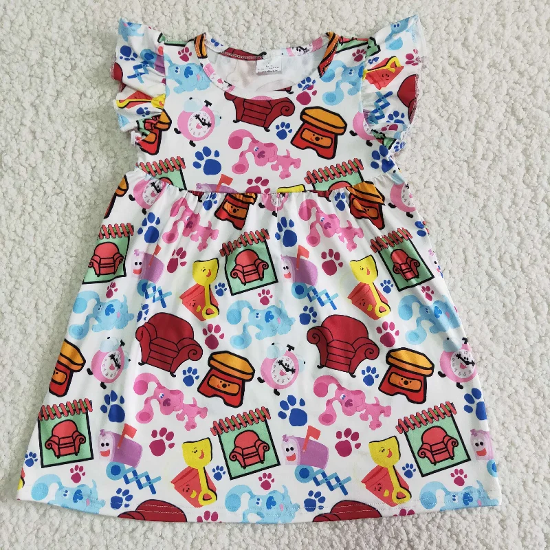 Soft Looks Clearance E5-3 Blue Pink Dog Cartoon Girls Short Sleeve Dresses