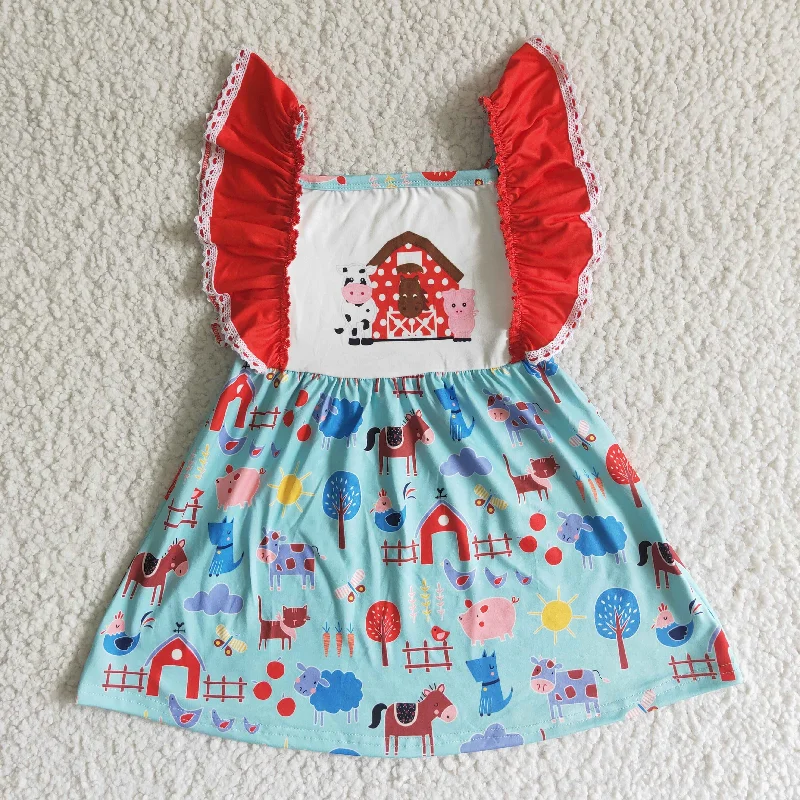 Fashionable Items Clearance A15-4 Farm Cow Pig Red Blue Girls Flutter Sleeve Dresses Fashionable Items Clearance A15-4 Farm Cow Pig Red Blue Girls Flutter Sleeve Dresses