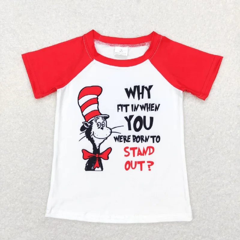 BT0480 Red Dr Cartoon Cat Hat Stand Out Boys Short Sleeve Top T-shirts