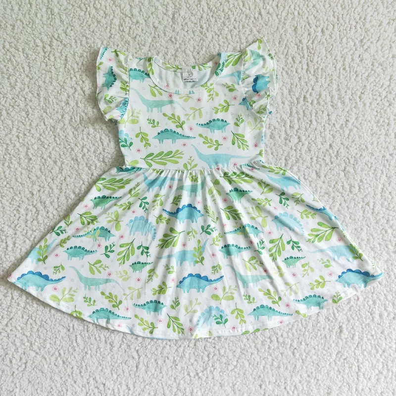 Feminine Charm Clearance A0-9 Green Dinosaur Girls Flutter Sleeve Dresses