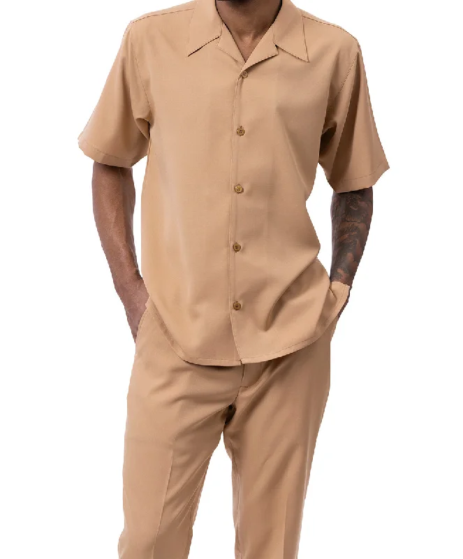 Luxury Classic Solid Tan Walking Suit 2 Piece Short Sleeve Set