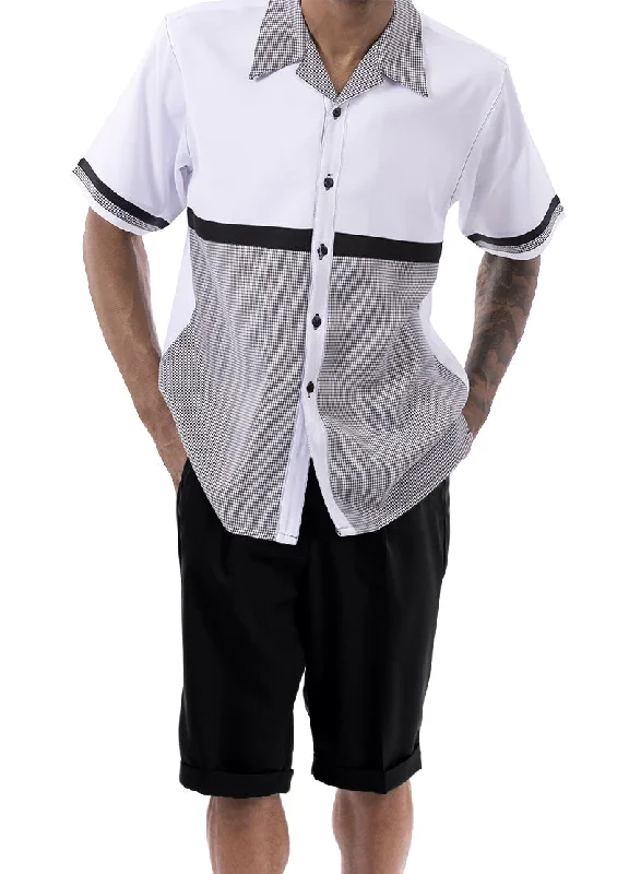 High Street Series Black Houndstooth Color Block Walking Suit 2 Piece Short Sleeve Set with Shorts High Street Series Black Houndstooth Color Block Walking Suit 2 Piece Short Sleeve Set with Shorts