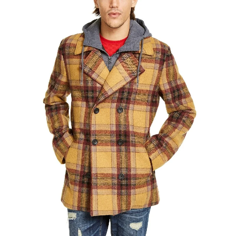 Cozy Outerwear American Rag Men's Sheridan Double-Breasted Plaid Peacoat With Removable Hooded Bib Brown Size Medium Cozy Outerwear American Rag Men's Sheridan Double-Breasted Plaid Peacoat With Removable Hooded Bib Brown Size Medium