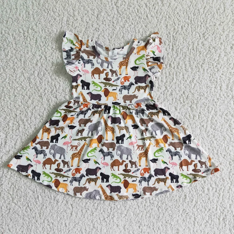 Wandering freely Clearance B11-10 Animal Zoo Girls Flutter Sleeve Dresses