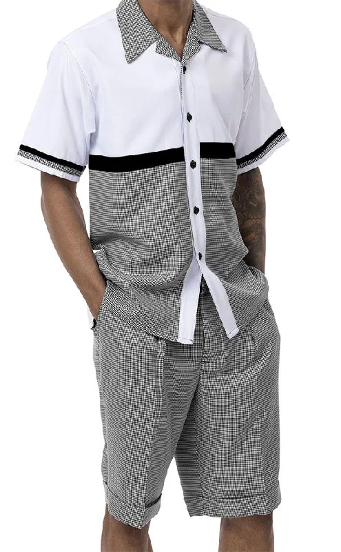 Retro Design Black 2 Piece Short Sleeve Walking Suit Set Horizontal Color Block with Shorts Retro Design Black 2 Piece Short Sleeve Walking Suit Set Horizontal Color Block with Shorts