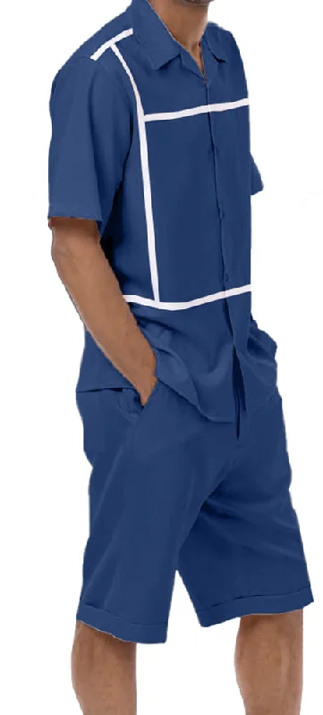 New Design Navy Minimalist Line Design 2 Piece Short Sleeve Walking Suit with Shorts New Design Navy Minimalist Line Design 2 Piece Short Sleeve Walking Suit with Shorts