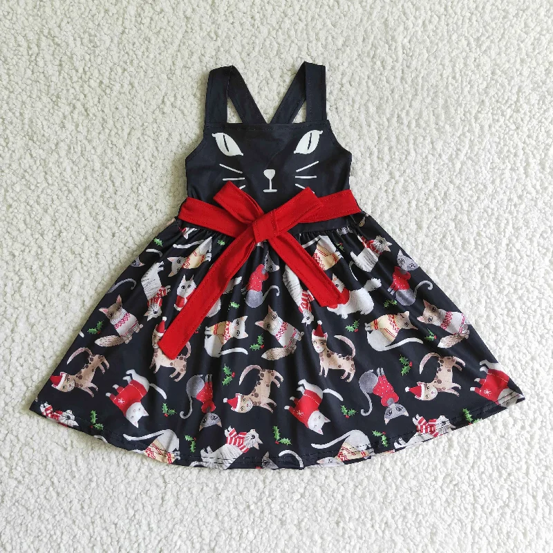 Versatile Outfits GSD0140 Christmas Red Black Cat Cartoon Girls Short Sleeve Dresses Versatile Outfits GSD0140 Christmas Red Black Cat Cartoon Girls Short Sleeve Dresses