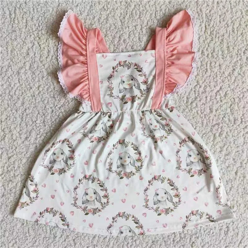 Floral Prints A5-2 Easter Rabbits Pink Girls Short Sleeve Dresses