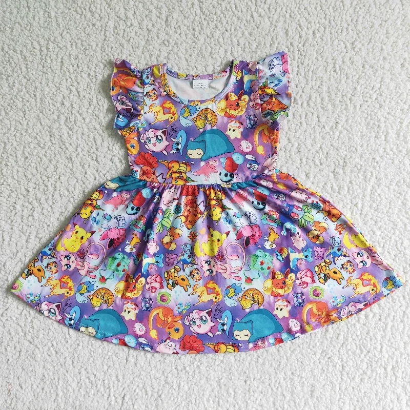 Nightclub Style Clearance B10-10 Blue Cartoon Girls Flutter Sleeve Dresses