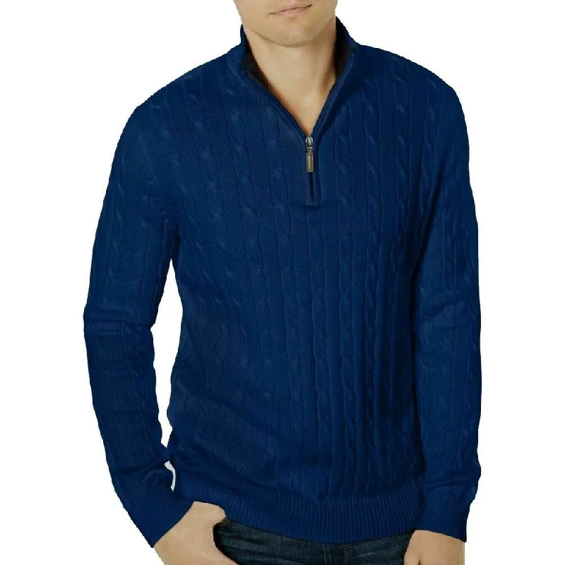 Simple Solid Color Club Room Men's Pima Cable Quarter-Zip Sweater Blue Size Small