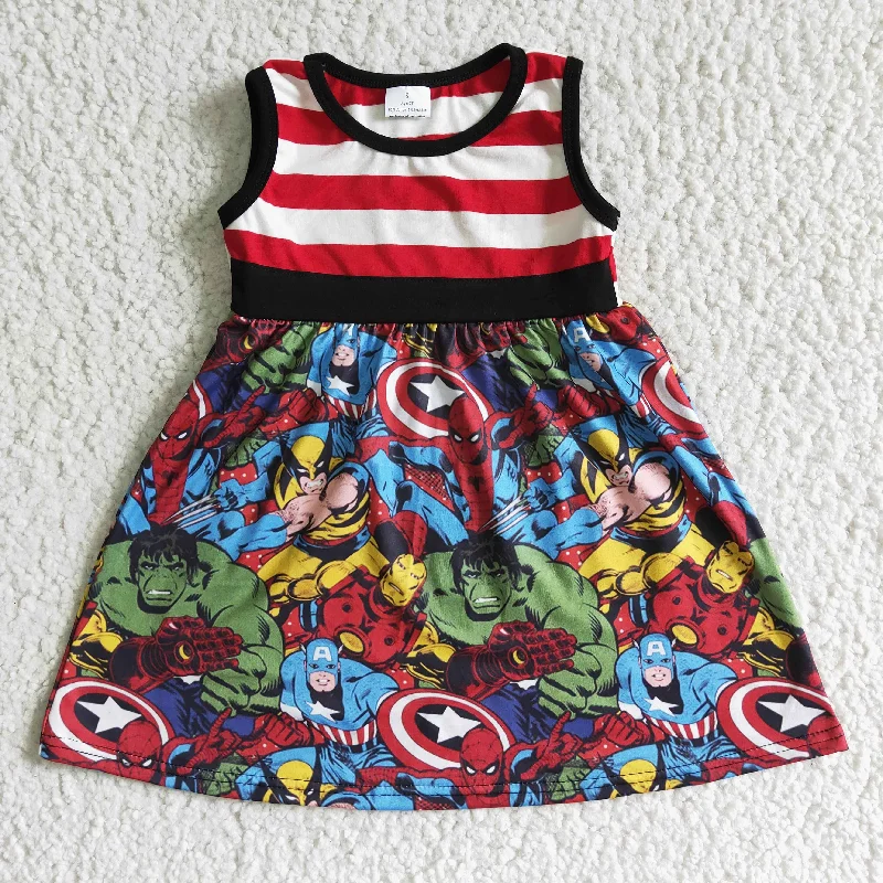 Unique Design Clearance A16-5 Red Stripes Hero Cartoon Girls Sleeveless Dresses