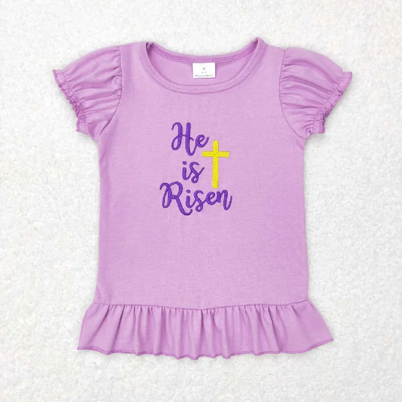 GT0393   Easter Purple Cross He is risen Embroidery  Girls Short Sleeve Top T-shirts