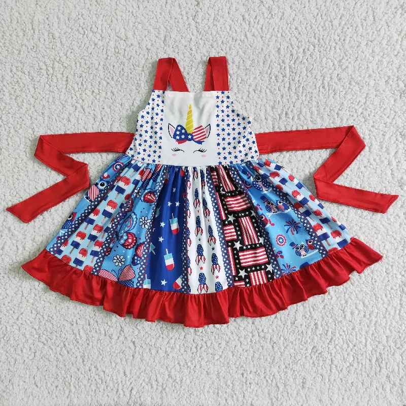 Soft And Comfortable C10-10 4th Of July Red Blue Unicorn Girls Belt Patchwork Sleeveless Dresses Soft And Comfortable C10-10 4th Of July Red Blue Unicorn Girls Belt Patchwork Sleeveless Dresses