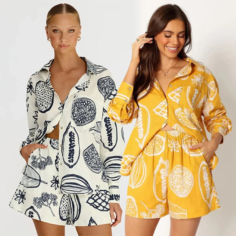 Noble And Elegant Casual Fruit Print Shorts & Blouse Suit, Spring and Autumn Collection Noble And Elegant Casual Fruit Print Shorts & Blouse Suit, Spring and Autumn Collection