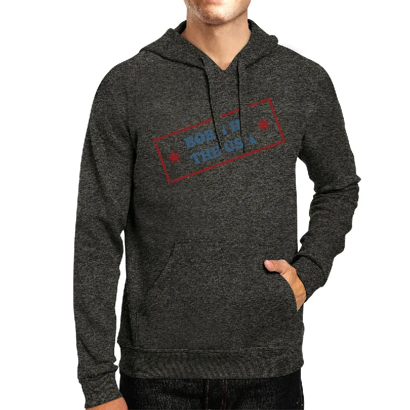Low-key Luxury Born In The USA Unisex Graphic Hoodie Dark Gray Round Neck Pullover