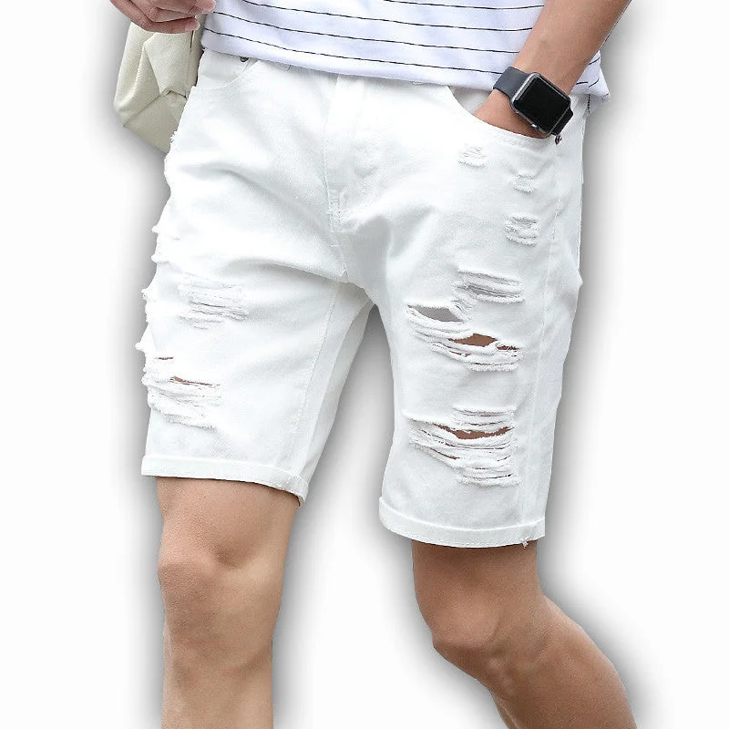 Casual And Versatile Mens Denim Shorts Slim Regular Casual Knee Length Short Hole Jeans Shorts For Men Summer White Blue
