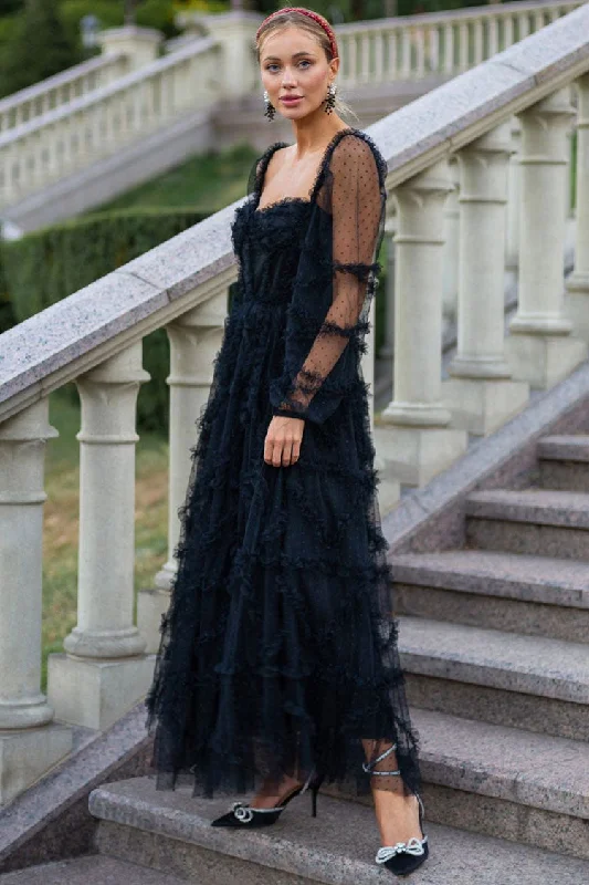 Modernism Fairytale Sweetheart Belted Dotted Tulle Layered Ruffle Maxi Gown Dress - Black Modernism Fairytale Sweetheart Belted Dotted Tulle Layered Ruffle Maxi Gown Dress - Black