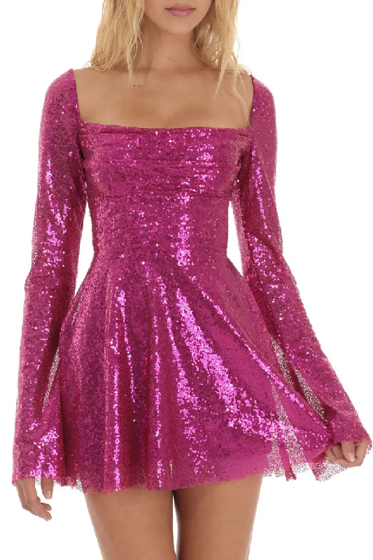 High-end Wear Sparkly Sequin Pleated Square Neck Bell Sleeve Skater Party Mini Dress - Hot Pink High-end Wear Sparkly Sequin Pleated Square Neck Bell Sleeve Skater Party Mini Dress - Hot Pink