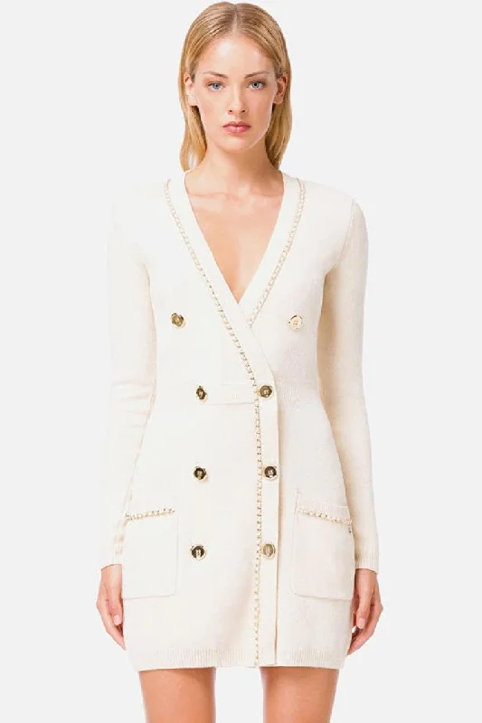 Cozy Chic Chained Deep V Long Sleeve Buttoned Sweater Mini Dress - Cream