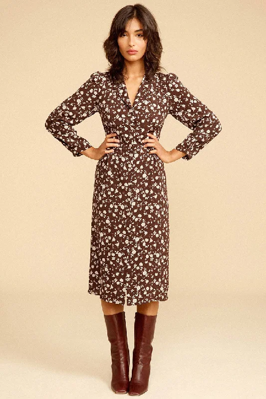 Casual Elegance Floral Print Long Sleeve Button Up French Shirt Midi Dress - Coffee