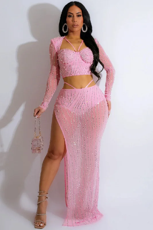 Cozy Vibes Sparkly Rhinestone Long Sleeve Crop Top High Waist Two Piece Maxi Dress - Pink Cozy Vibes Sparkly Rhinestone Long Sleeve Crop Top High Waist Two Piece Maxi Dress - Pink