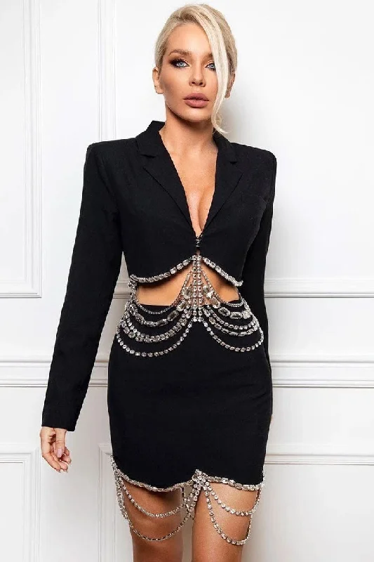 Easy Fashion Sparkly Layered Rhinestone Crop Blazer Two Piece Mini Dress - Black