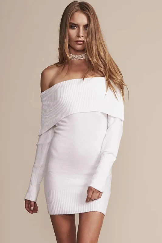 High-end Sense Ribbed Long Sleeve Draped Off Shoulder Mini Sweater Dress - White
