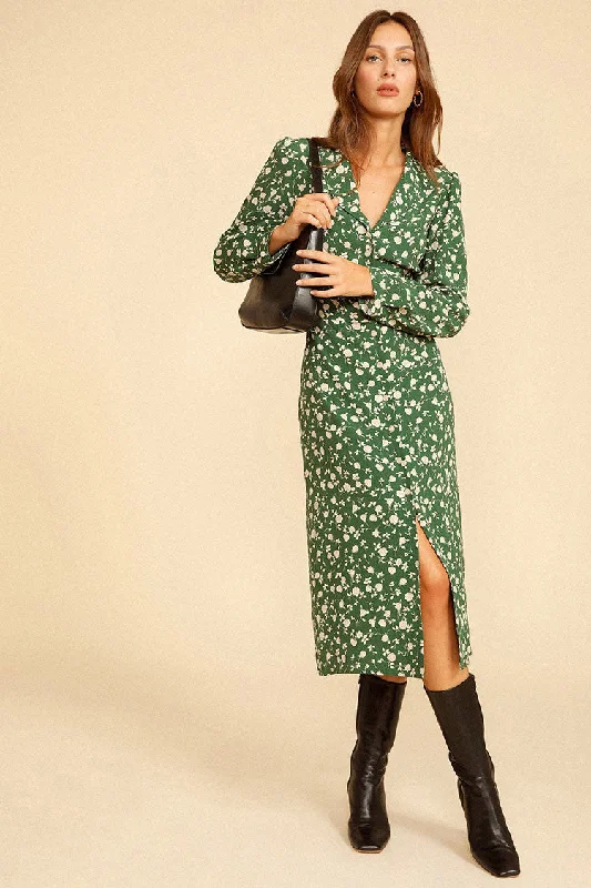 All-Day Comfort Floral Print Long Sleeve Button Up French Shirt Midi Dress - Green