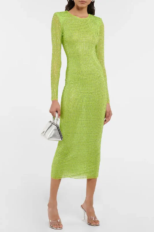 Trends Sparkly Rhinestone Long Sleeve Bodycon Mesh Sheer Midi Dress - Sage Green