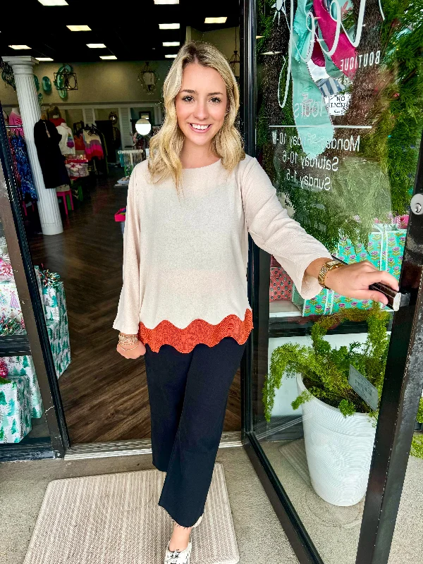 Timeless Comfort Tan & Rust Detail Top