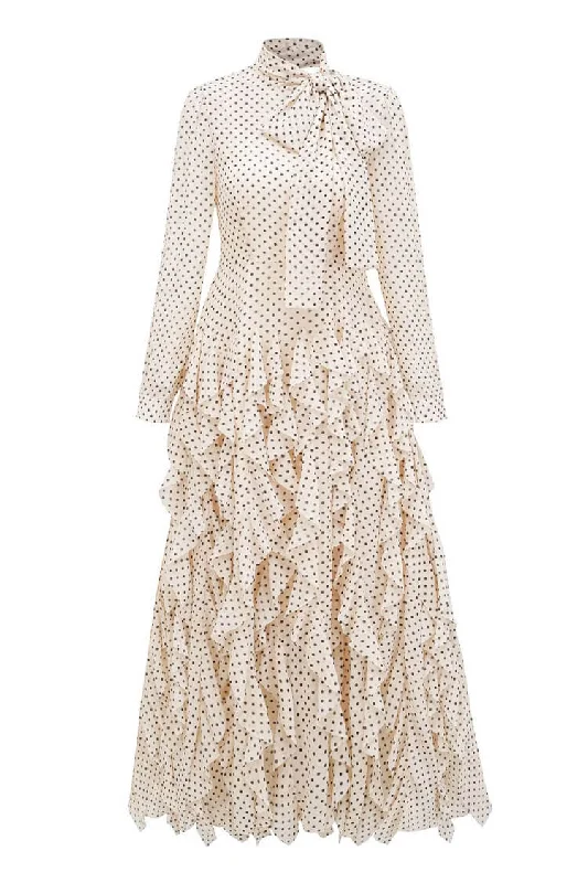 High-quality Design Elegant Polka Dot Tie Neck Long Sleeve Chiffon Ruffle Tiered Evening Maxi Dress