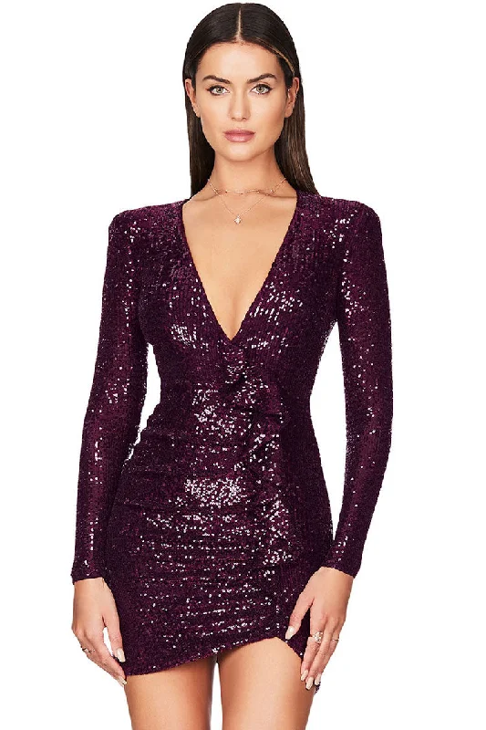 Comfortable Outfits Sparkly Galaxy Long Sleeve Ruffle Deep V Sequin Mini Dress - Burgundy