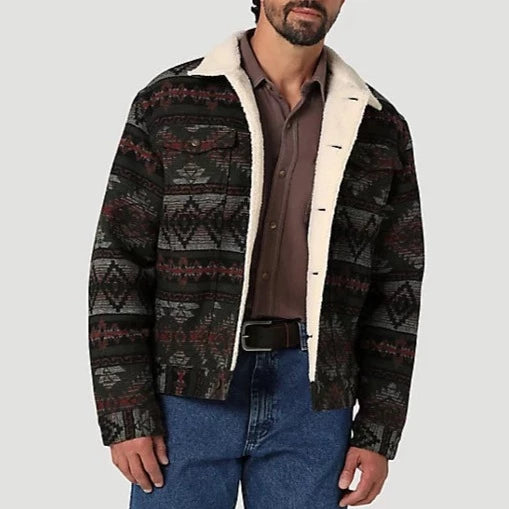 British Style Wrangler Men's Sherpa Lined Jacquard Print Jacket in Olive