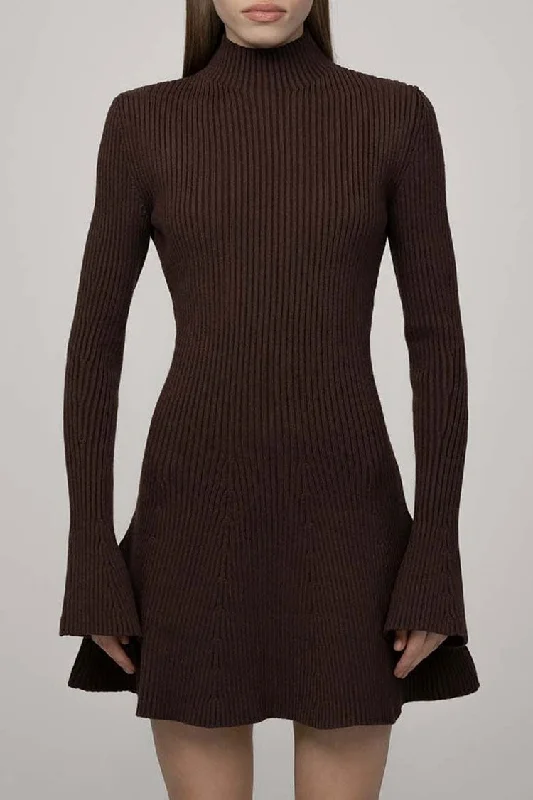 Weekend Wear Chic High Neck Flared Long Sleeve Rib Knit Winter Sweater Mini Dress - Coffee Weekend Wear Chic High Neck Flared Long Sleeve Rib Knit Winter Sweater Mini Dress - Coffee
