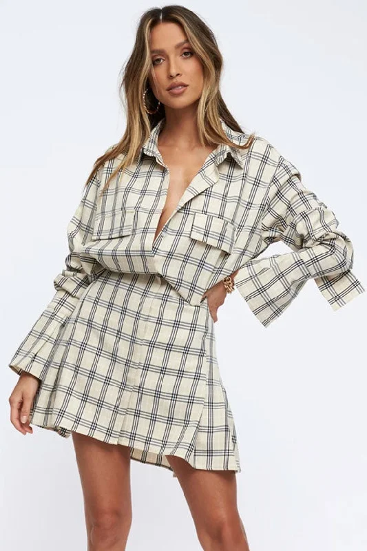 Design Trend Vintage Plaid Print Long Sleeve Button Down Mini Shirt Dress - Khaki