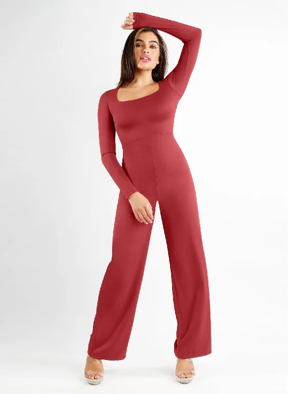 Advanced Design Shapewear Long Sleeve Square Neck Slimming Wide Leg Jumpsuit