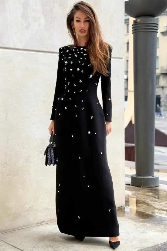 Fresh Wear Luxury Crystal Shoulder Pad Crew Neck Long Sleeve Evening Maxi Dress