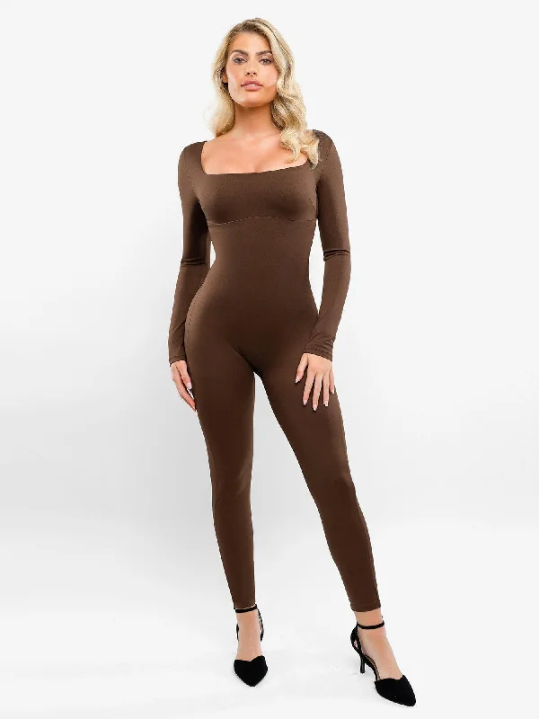 Weekend Style Shapewear Square Neck Long Sleeve Butt Lift Jumpsuit