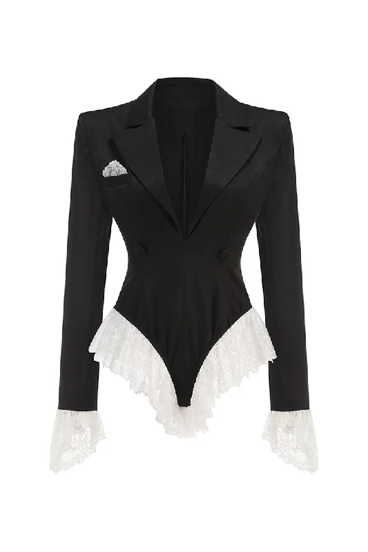 Fashion And Simplicity Sculptural Padded Shoulder Lapel Long Sleeve Ruffle Lace Blazer Bodysuit
