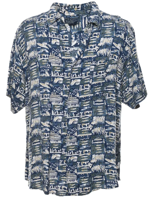 Customized Version 1990s Abstract Print Blue & Off-White Shirt - XL