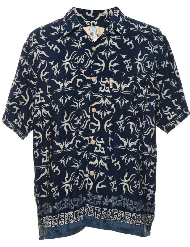 Casual And Versatile 1990s Navy & Off-White Patterned Shirt - L